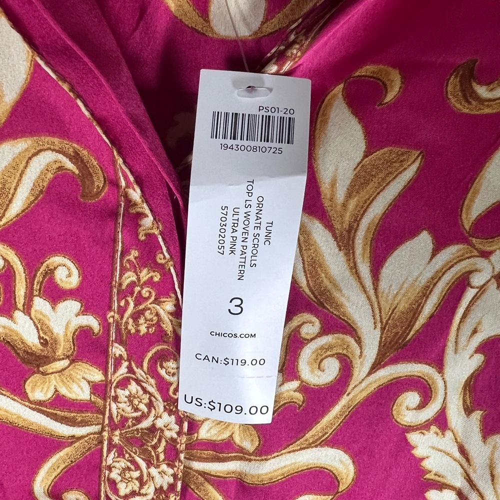 Chico's Pink and Gold Satin Button Down Shirt Size XL (Chicos Size 3) - Picture 4 of 5